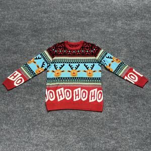 Reindeer Ho Ho Ho Christmas Sweater Mens Medium Red Blue Ugly Holiday Pullover